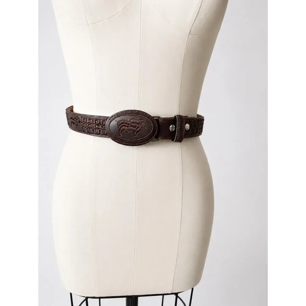 Vintage Brown Leather Embroidered Buffalo Western Belt Size 26 Boho